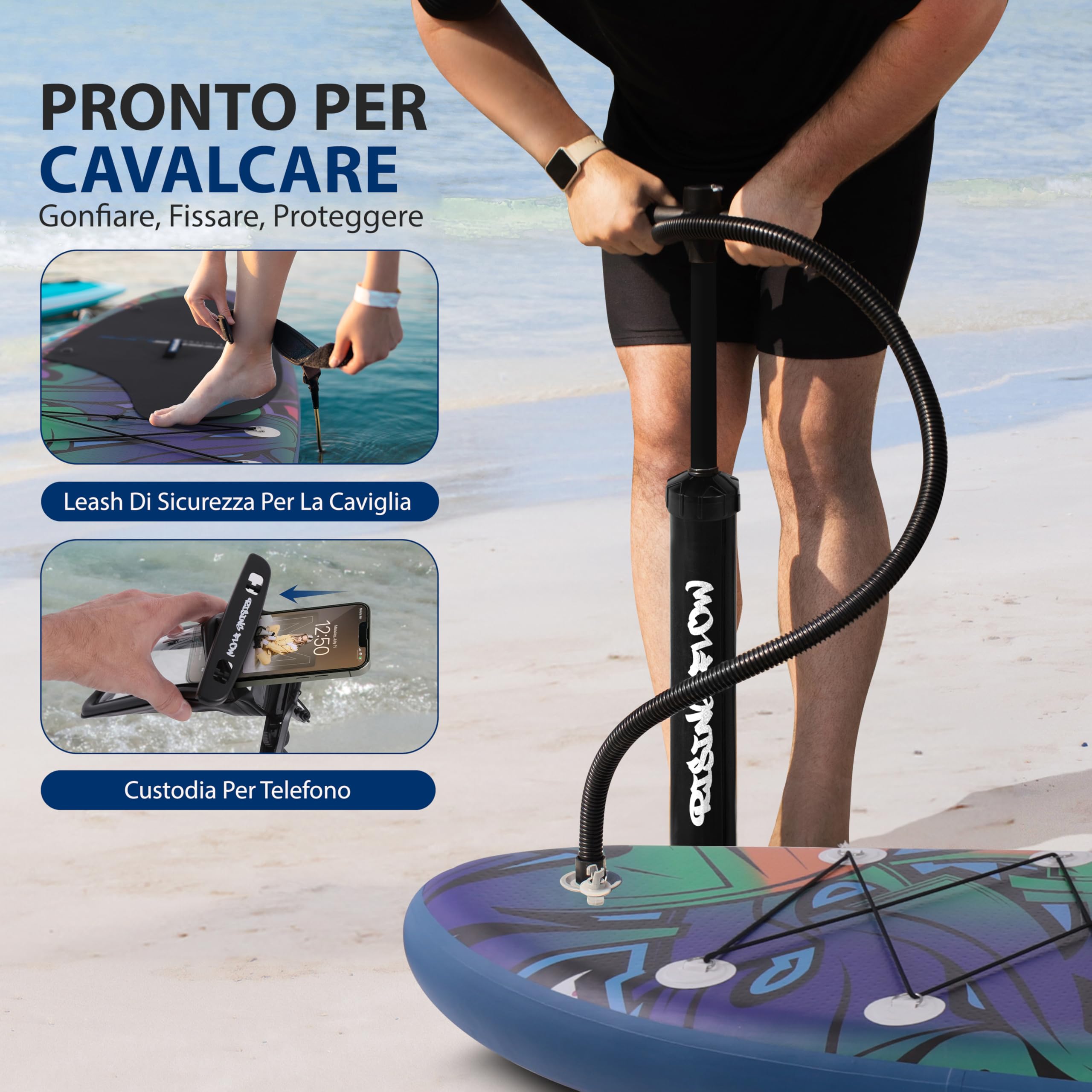 Stand Up Paddle tavola SUP gonfiabile 308x78x10 cm in PVC rosa/menta con pompa e borsa per il trasporto