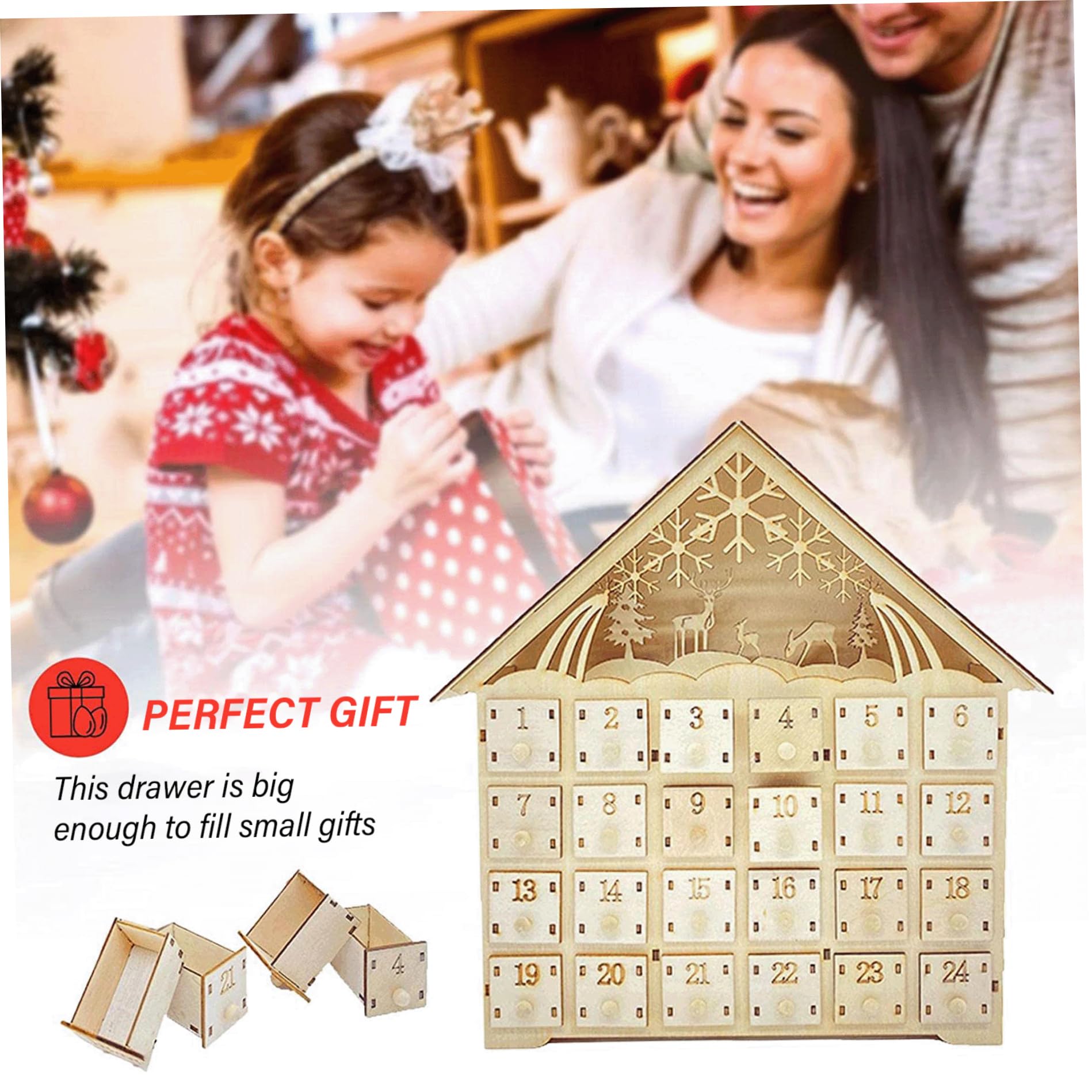 Calendario de Adviento de Madera con 24 cajones 10x3x12 Cuenta atrás vacía Calendario de Adviento navideño LED Regalos para decoración navideña (sin batería)