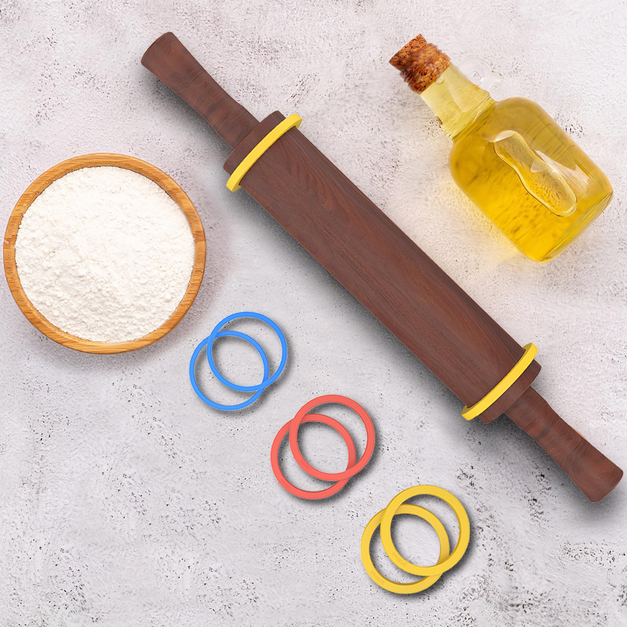 Rodillo de madera clásico con mango para fondant, pizza, pasteles, galletas, pasteles, rodillo para hornear con 3 anillos de grosor multicolor, 17 x 2.5 pulgadas (incluye asa)