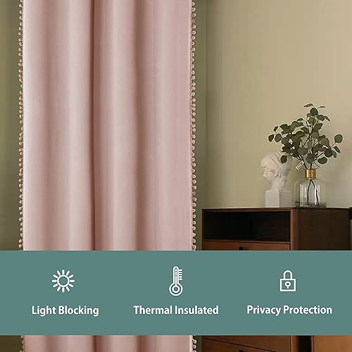Miniatura 4 de LORDTEX Cortinas opacas con pompones para dormitorio, cortinas con aislamiento térmico, barra de bloqueo de luz solar, bolsillo para barra, cortinas