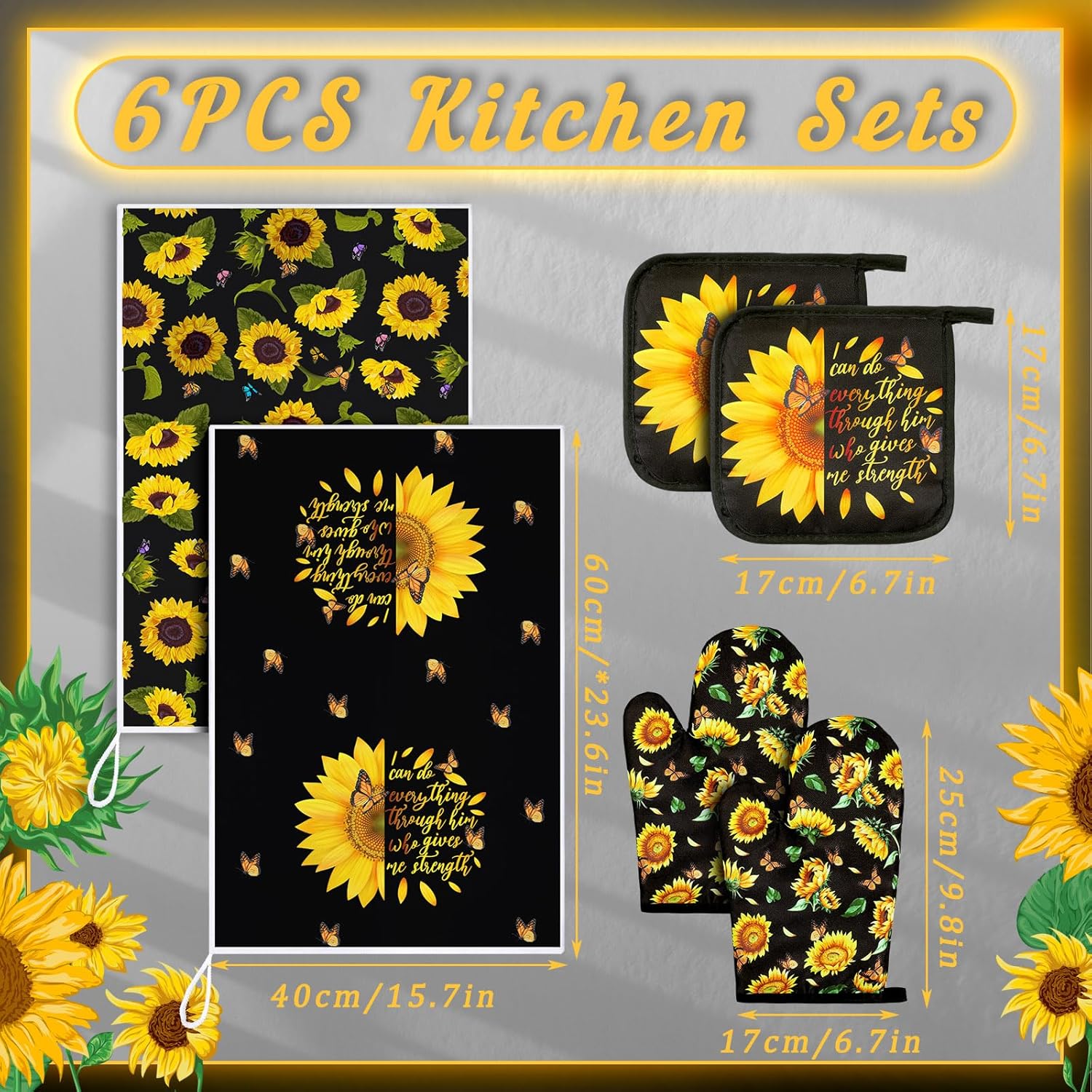 Bencailor 6 Pcs Spring Kitchen Decor Sunflower Pot Holders and Oven Mitts Stes Yellow Kitchen Towel 2 Farmhouse Cooking Mittens for Cooking Grilling Supply Accessories(Black,Sunflower) - Image 3
