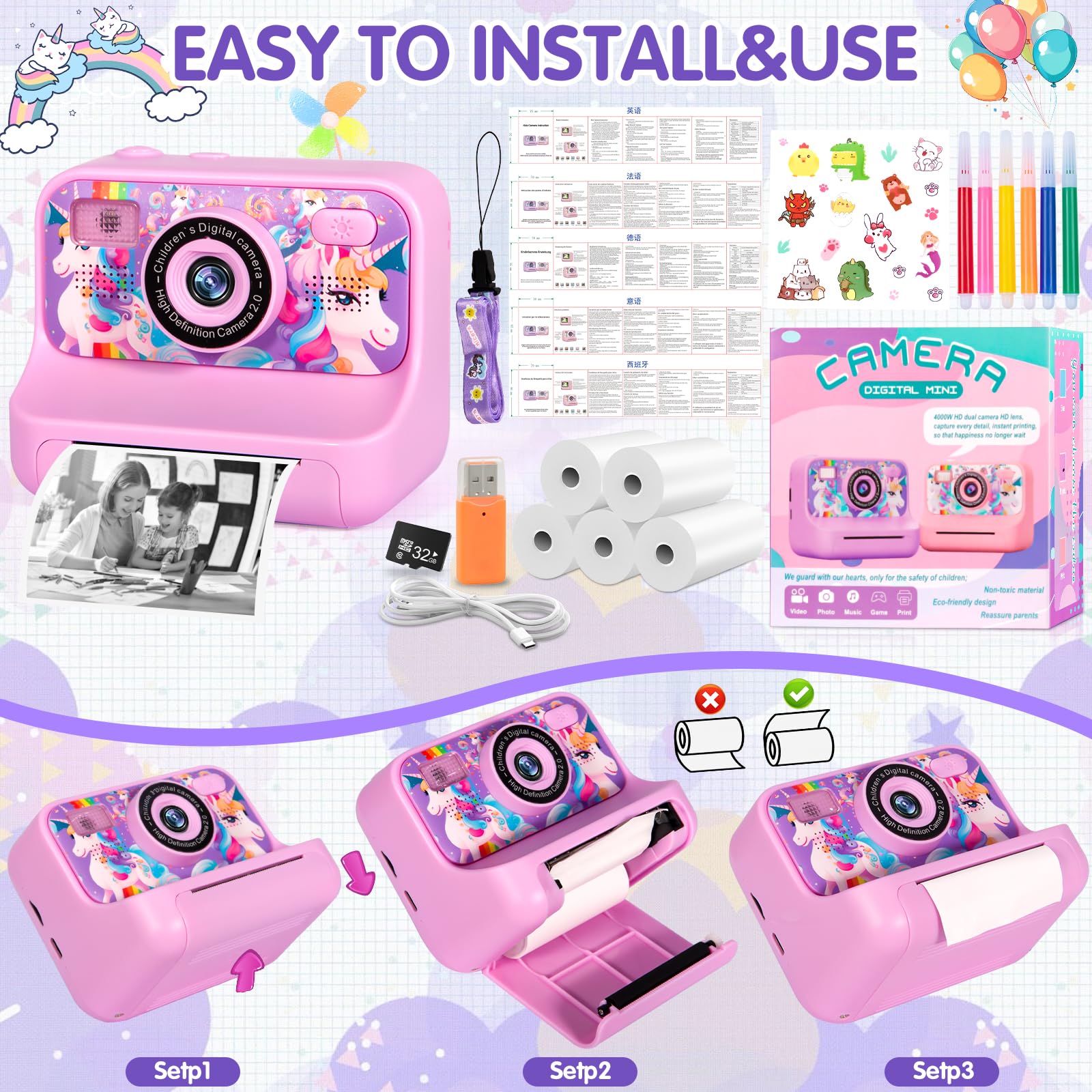 Macchina Fotografica Bambini Istantanea, Fotocamera Istantanea 2.4" 1080P Fotocamera Bambini con 32GB Schede e Carta da Stampa, Modalità Selfie e Video,Regali per Ragazzi Ragazze da 3-12 Anni