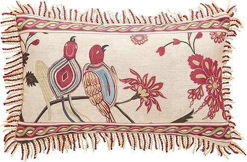 patdrea Fundas de almohada de diseño de 12 x 20 pulgadas, fundas de almohada de lino con diseño vintage de flores y pájaros con bordes de borlas,