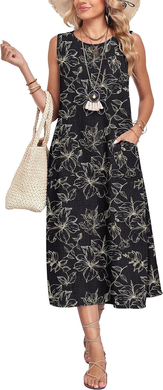 MOLERANI Womens Summer Midi Casual Dresses with Pockets 2026 - Sleeveless, Crewneck, Sundress, Vacation, Beach, Travel