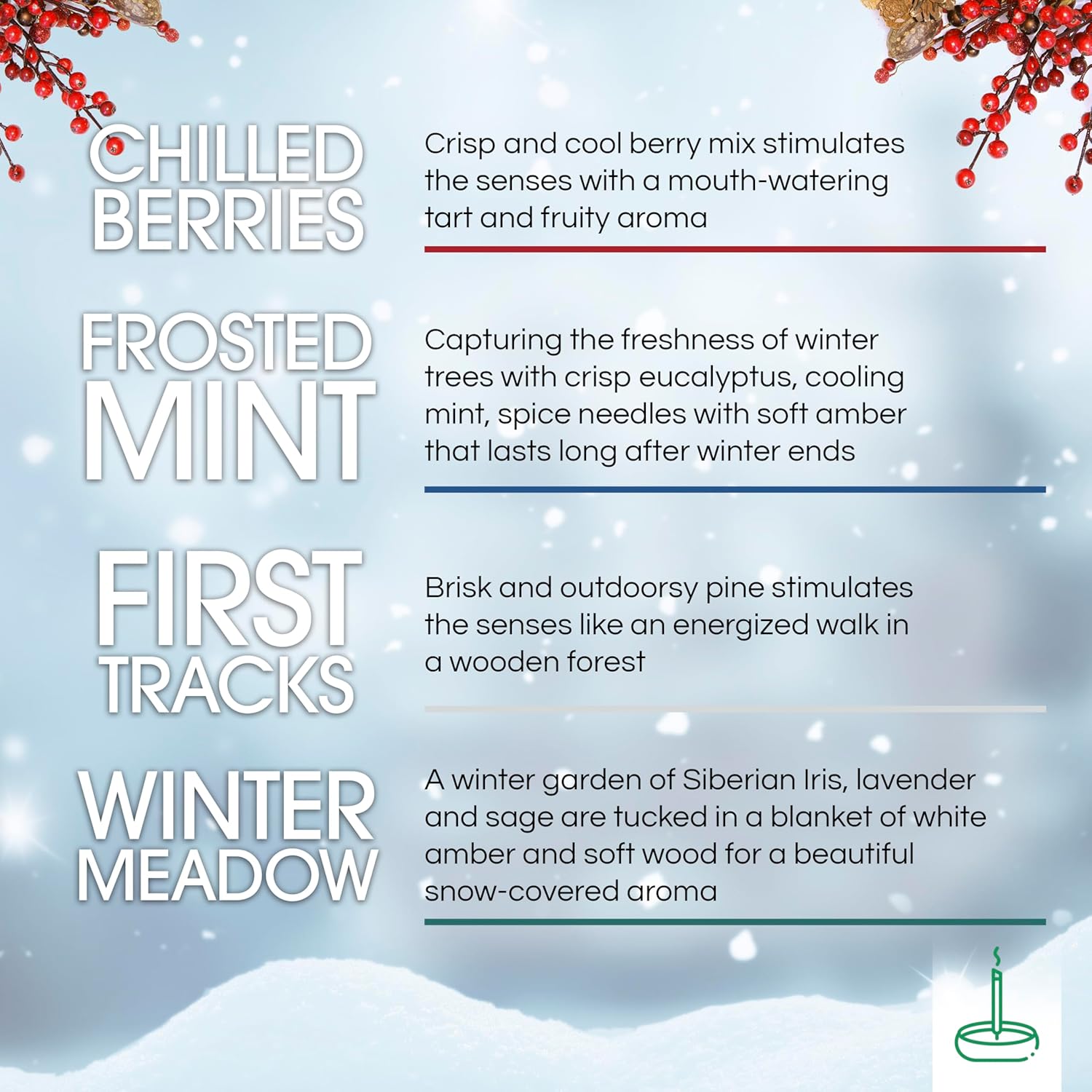 Gonesh Scents of Winter - Incense Sticks Variety Pack - Non-Toxic 10” Slow Burn Aromatic Sticks - Winterberry, Invigorating Pine, Siberian Iris, Mint Leaves - 30 in Each - Image 2