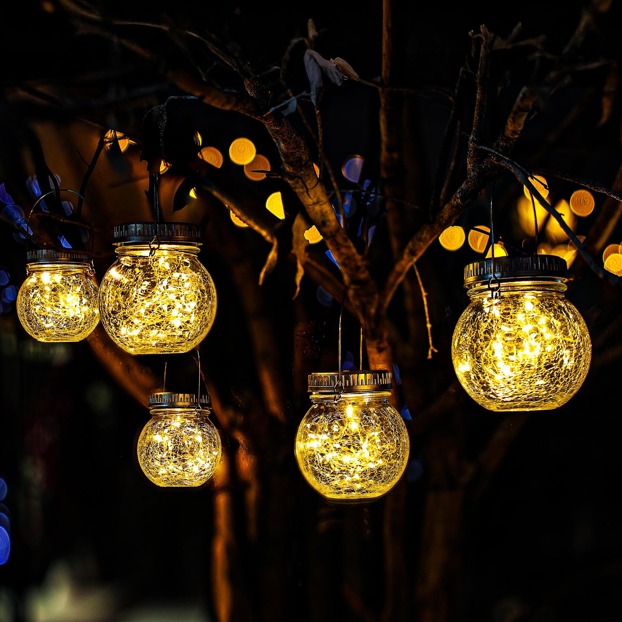 Cooo 2 Pack Crackle Glass Solar Lantern with 30 LED Firefly Lights– Waterproof Outdoor Hanging Lamp 215% Larger Solar Panel, Anti-Rust Lids Decorative Lighting for Garden Patio Table