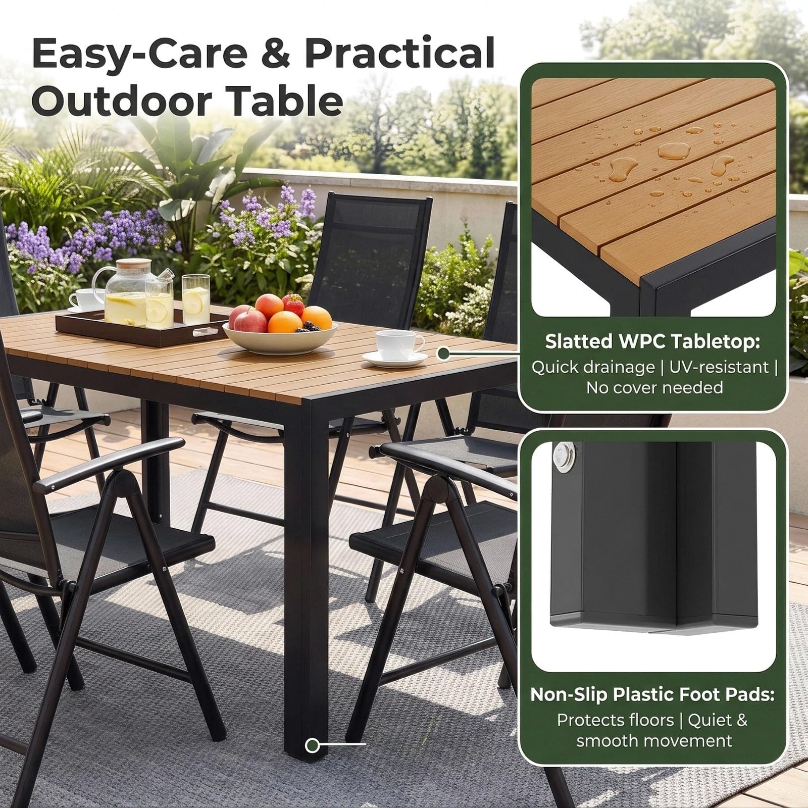 LIFERUN Gartenmöbel Set 6 Stühle mit Tisch Wetterfest, Aluminiumrahmen | WPC Gartentisch 140x90x75 cm, Verstellbare Hochlehner Klappstühle, Stabiler, Pflegeleicht, Outdoor Essgruppe Sitzgruppe