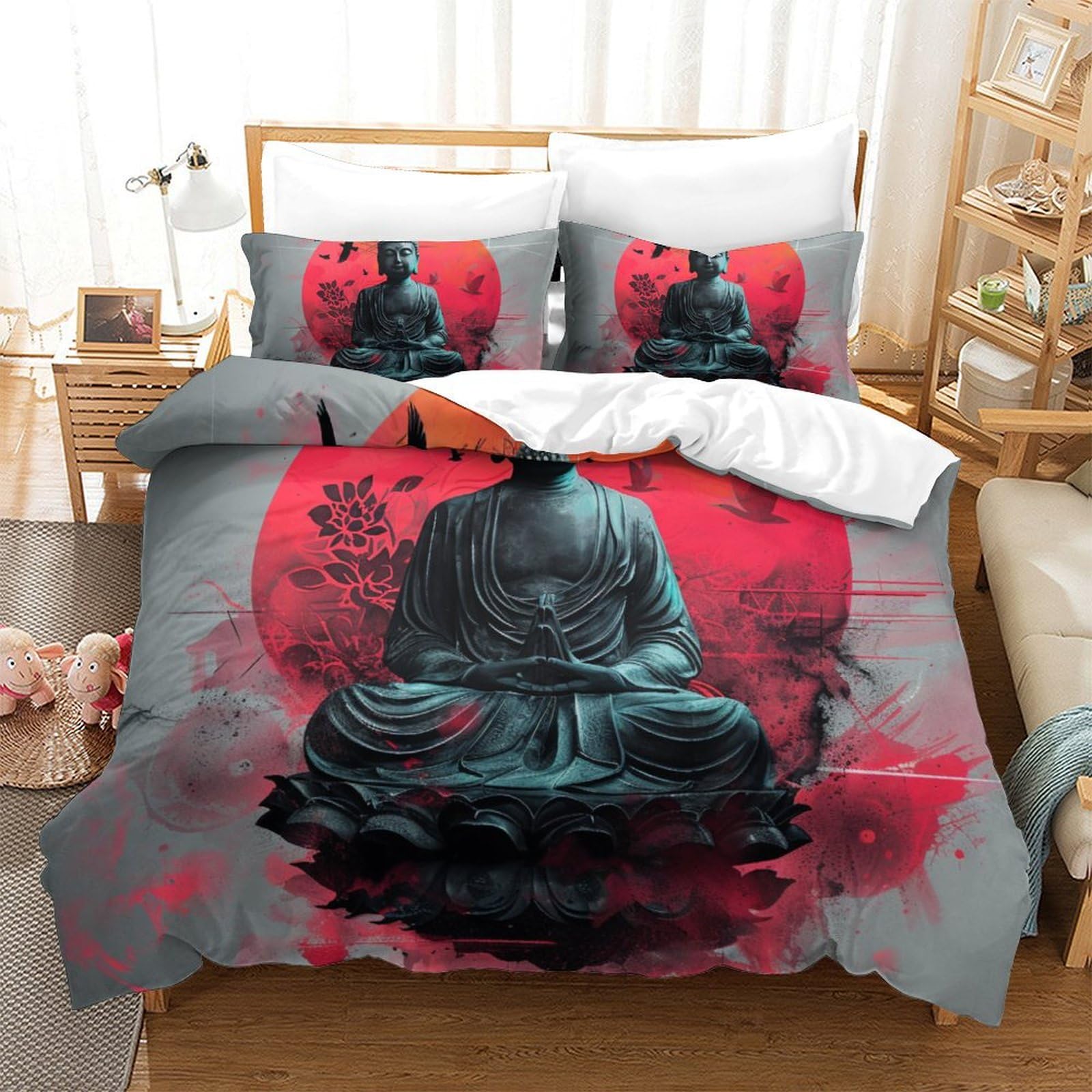 Linge de lit Bouddha 3D pour une chambre zen : parure de couette respirante 260x220cm microfibre douce
