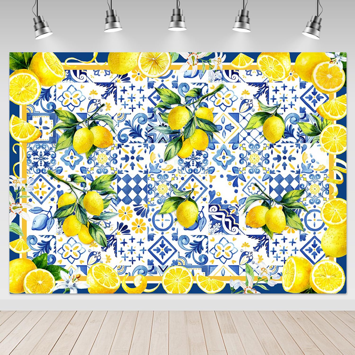 Mocsicka Blue Tiles Lemon Backdrop Summer Lemon Fruit Bridal Shower Background Party Decorations Lemon Wall Paper Dessert Table Banner Photo Booth