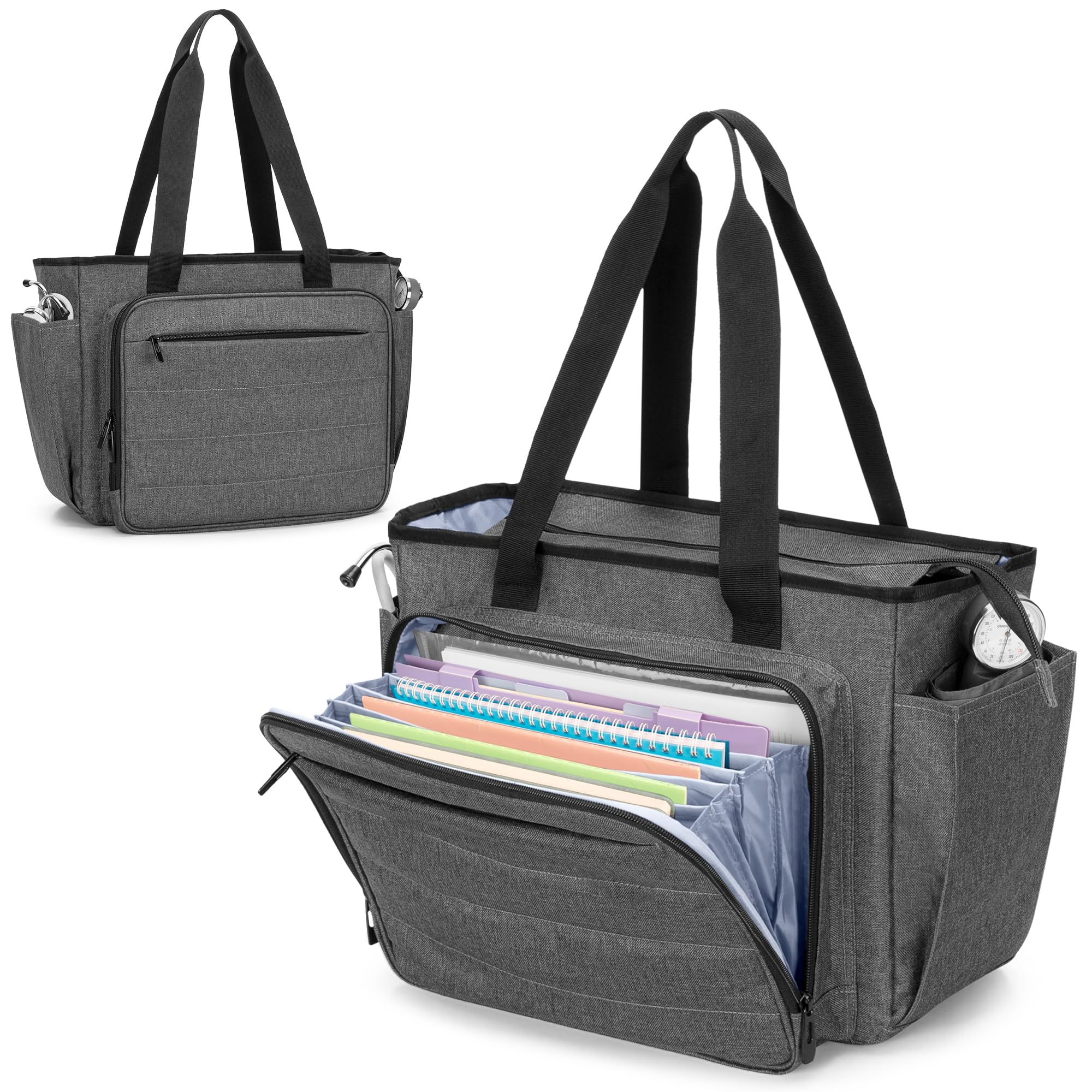 CURMIO Nurse Tote Bag for Women, Portable Medical Supplies Shoulder Bag with A4 Size Accordion File Organizer Compartment and 15.6” Laptop Sleeve for
