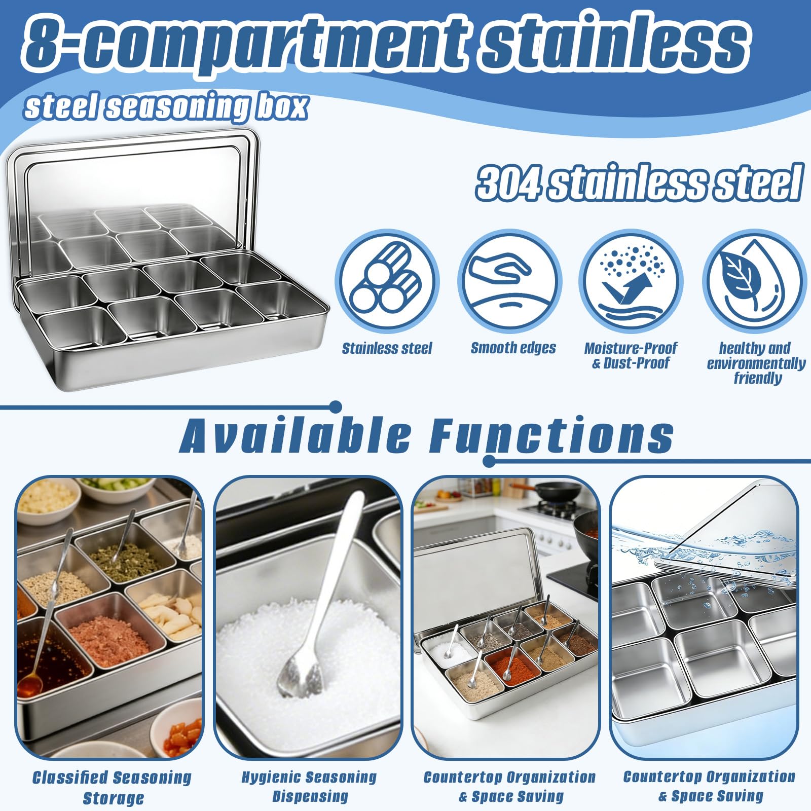 Scatola per Spezie con 8 Griglie, Scatola di Condimento per Pizza in Acciaio Inox Estraibili con Coperchio e Cucchiai, Portacondimenti per la Cucina di Casa, per Conservare Pepe, Sale e Zucchero