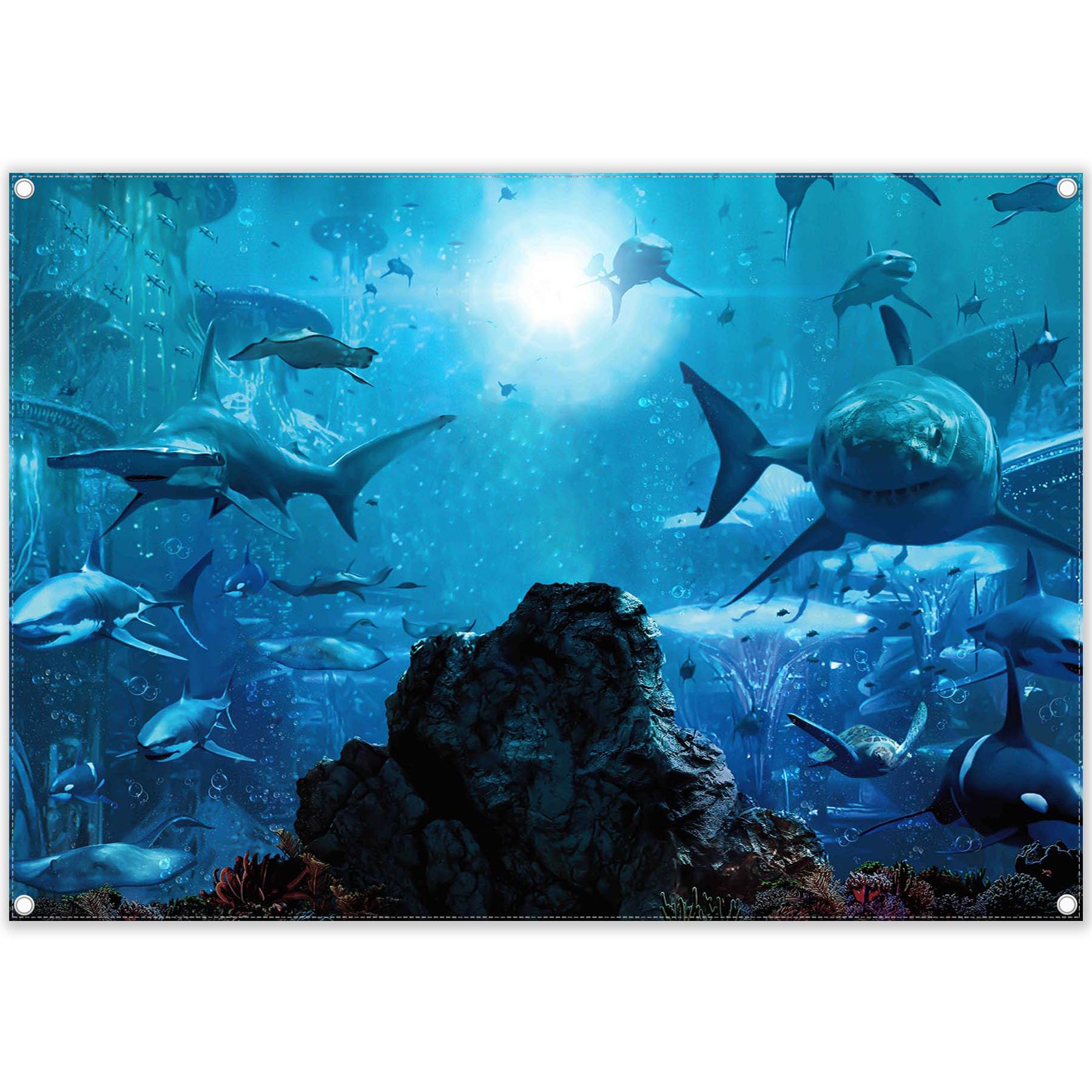 Yriujul Fabric 7x5ft Shark Theme Photography Backdrop Underwater Deep Ocean Animals Fish Background Aquarium Kids Party Decorations Photo Banner Props