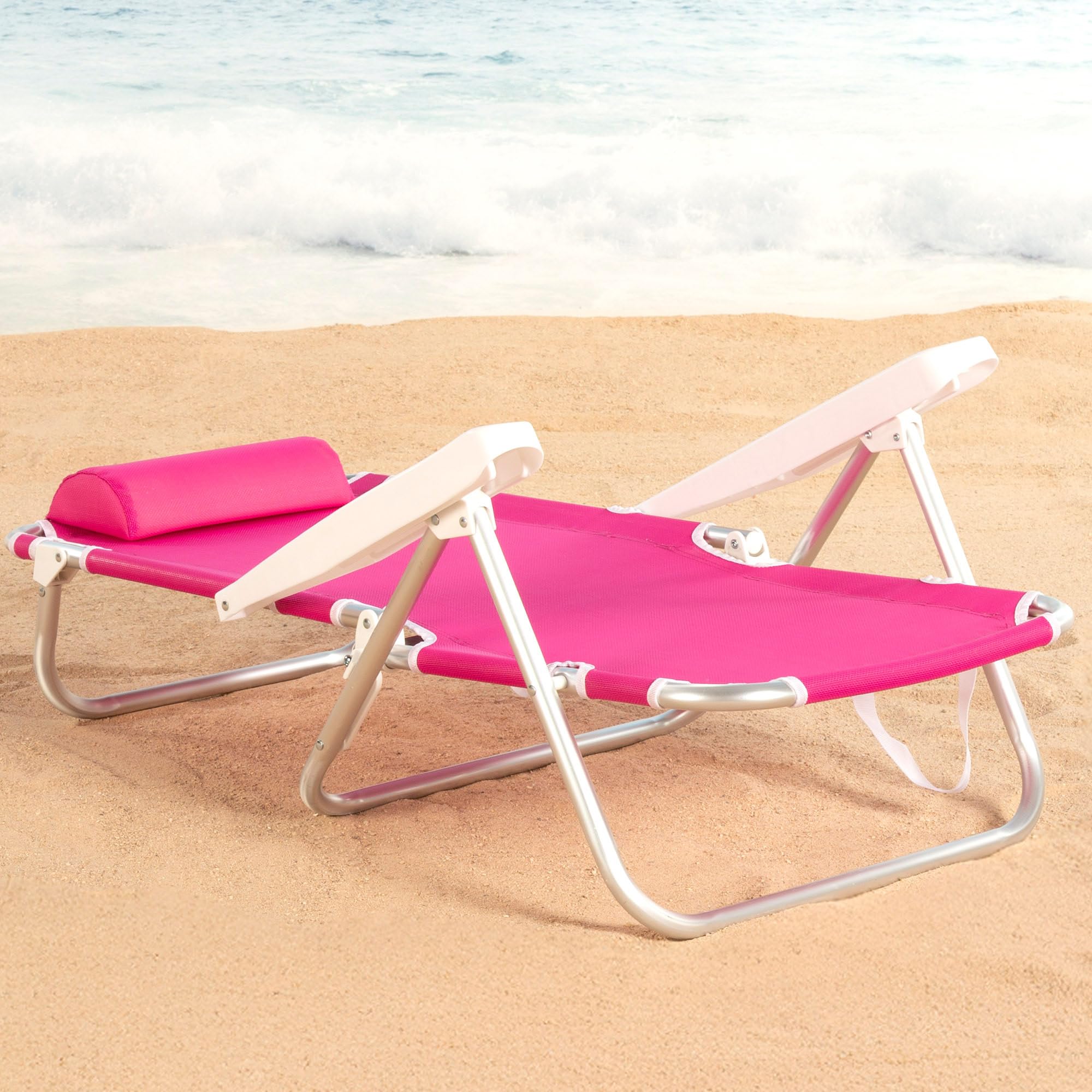 AKTIVE Lot de 2 chaises de Plage Basses Multipositions 5 Positions en textilène avec Coussin, Aluminium léger, jusqu'à 110 kg, Pliables avec poignée, Fuchsia (85524)