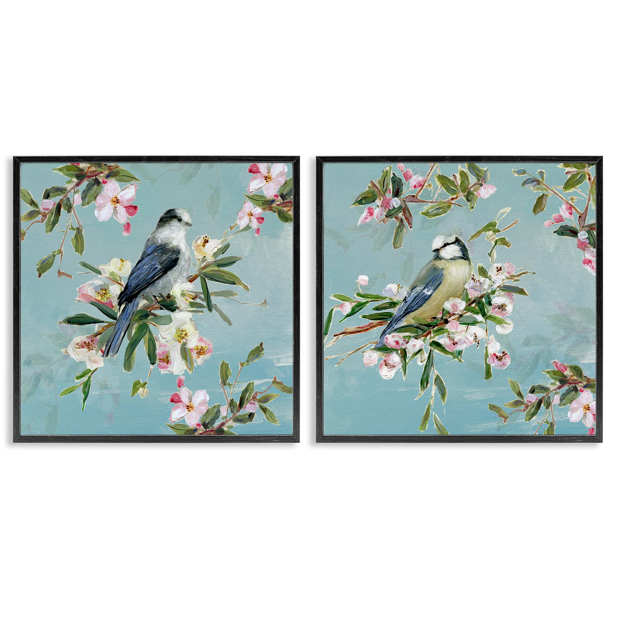 Stupell Industries Midnight Black (Textured) 'Songbirds Among Spring Blossoms', 2Pc Framed Giclee Art Set 2, Black, 24 X 24 Inches, Easy To Hang And Sturdy, Made In Usa, By Sally Swatland