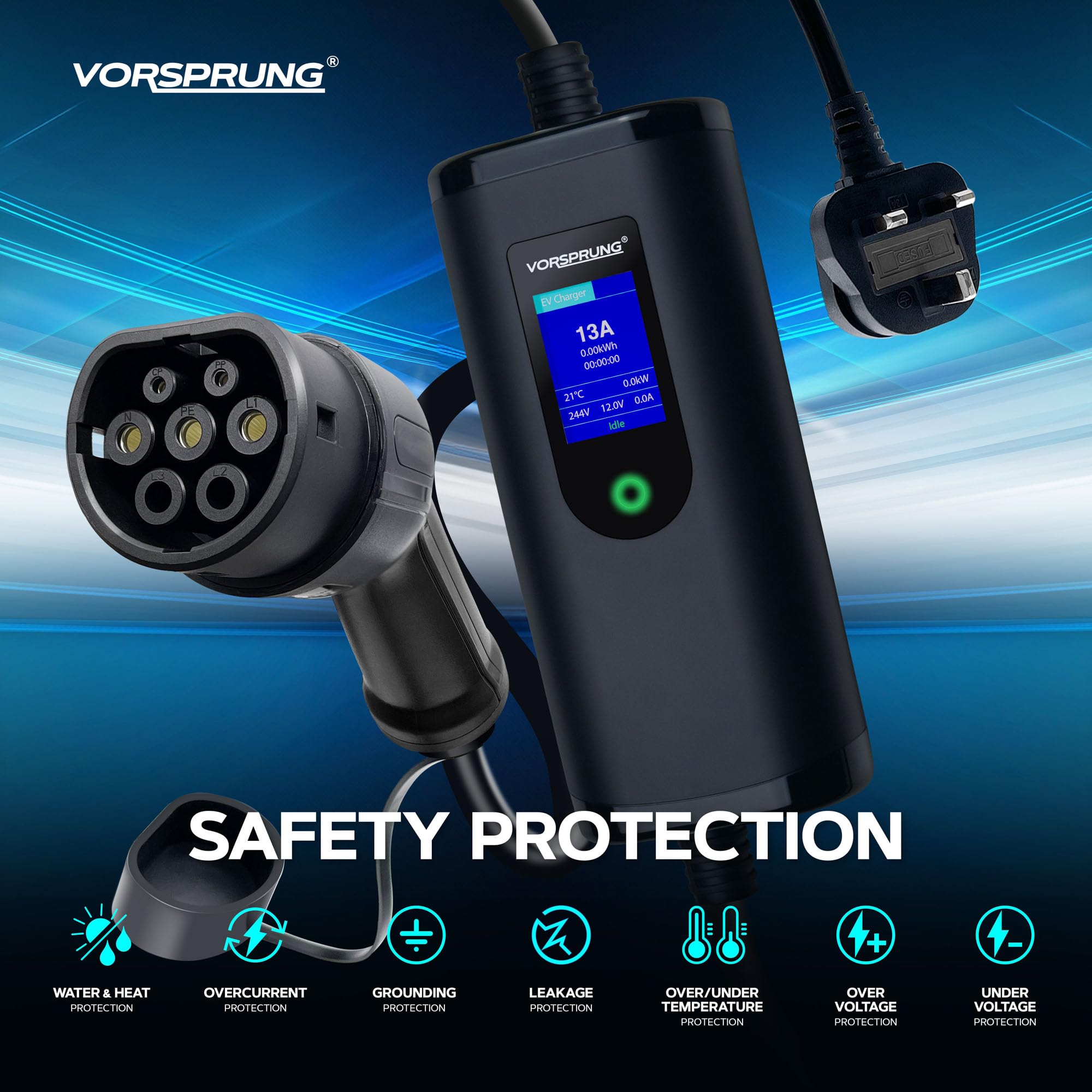VORSPRUNG® Portable EV Charger Type 2 with 8 Metre 8M Controllable Digital Screen (UK Plug 3 pin), Electric Vehicle Portable Charging Cable Type 2 (type 2 female), 8/10/13A FREE Carry Case (8M) — view 6