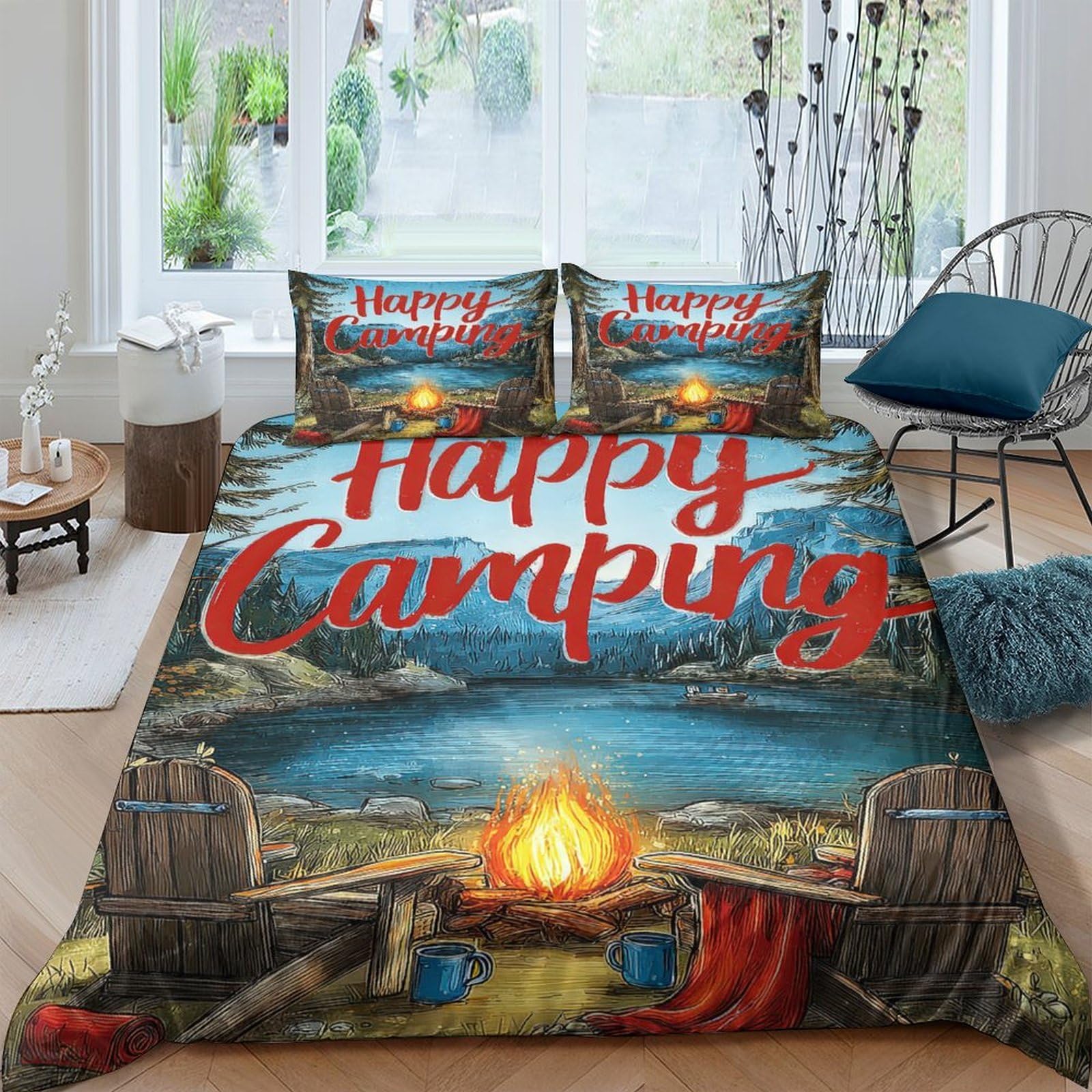 Ctjqhvkz Style-5 3D Printed Campfire Lake View Fitted Sheet Microfiber Nature Tent Bed Cover For Bedroom Guest Room Easy Care Single（135X200cm）