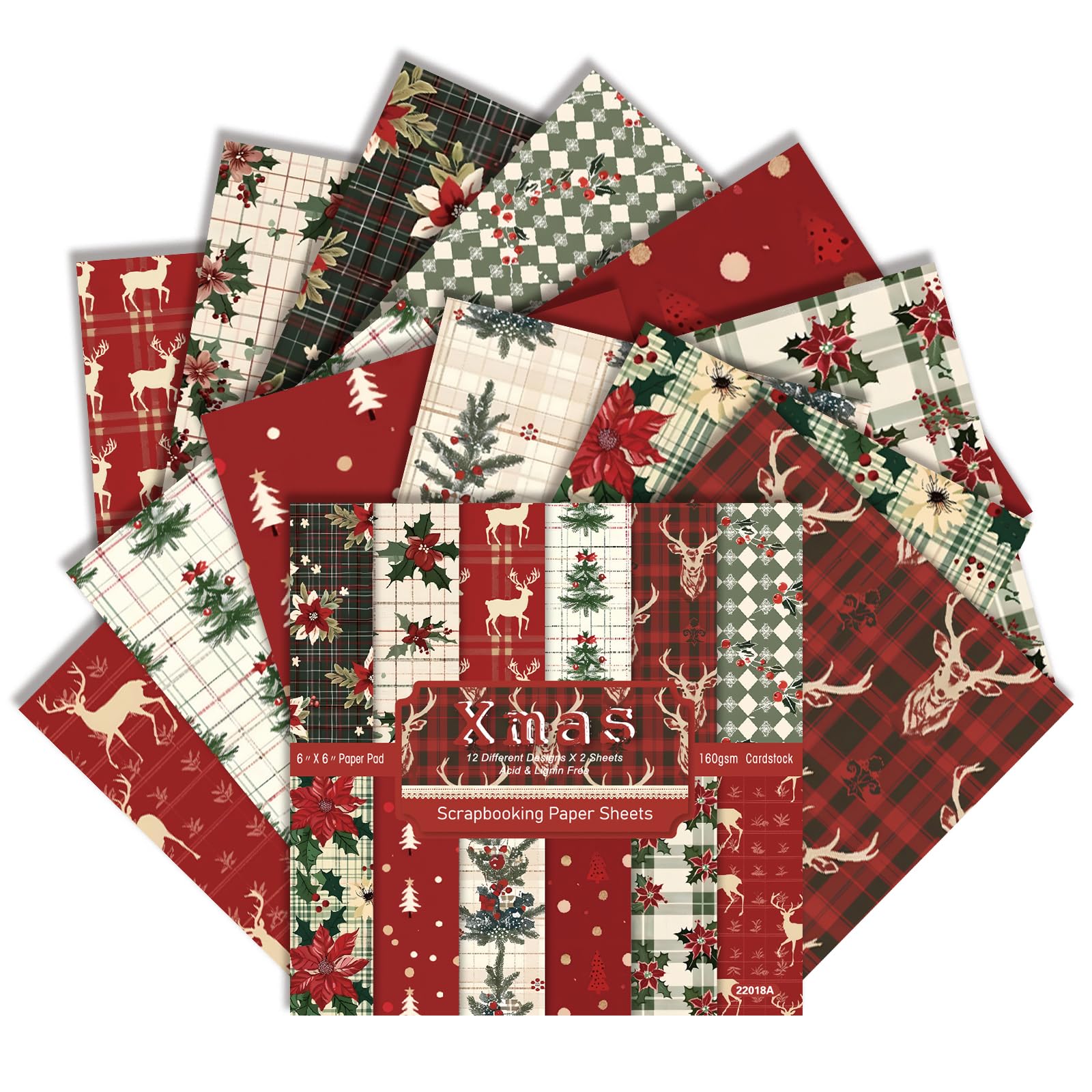 Christmas Scrapbook Paper 6x6 Inches 24 Sheets with 12 Festive Vintage Patterns Single Sided Cardstock for Holiday Cards, Journaling, and Crafting Supplies (C, 6×6)