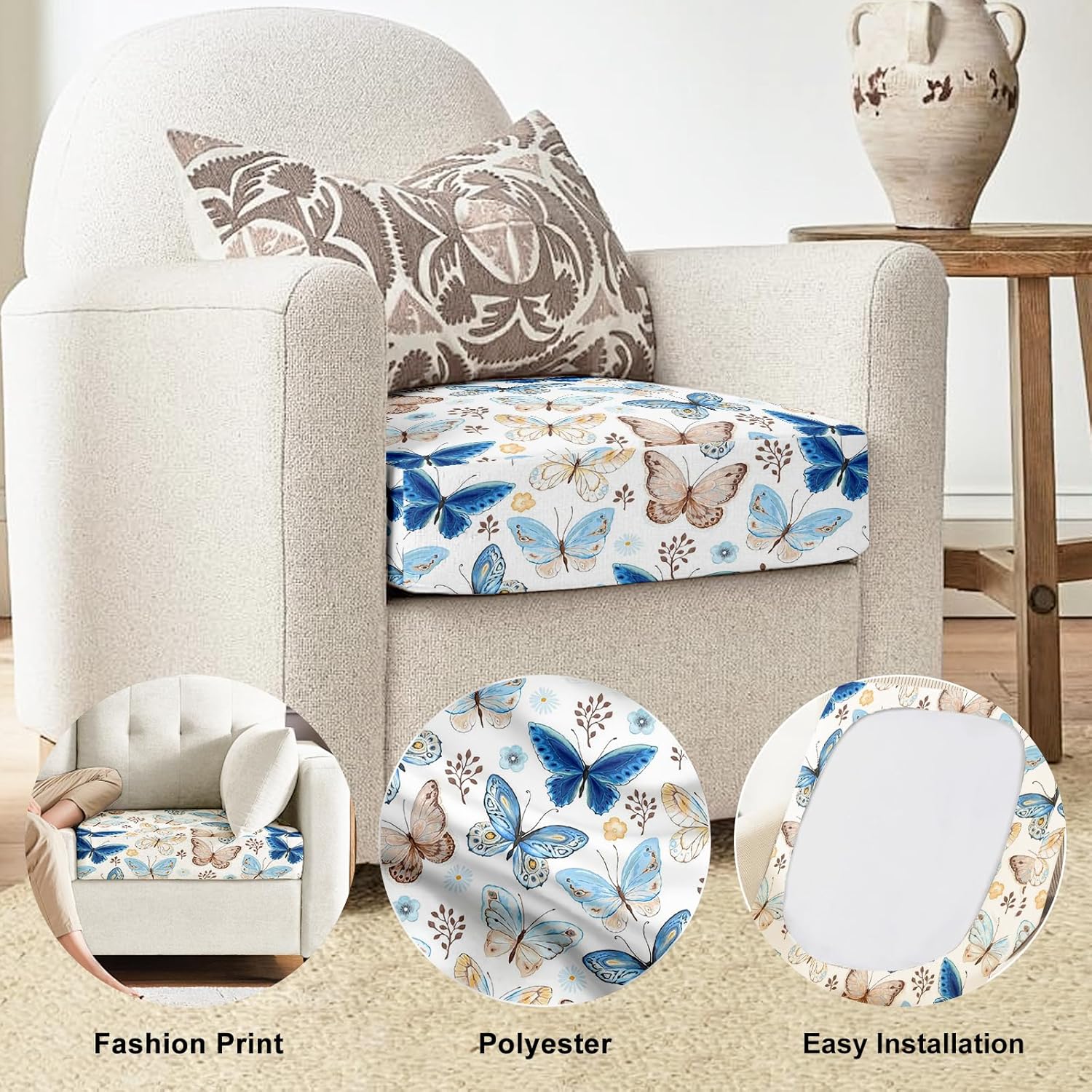 3PCS Printed Couch Cushion Covers,Washable Butterfly Printing Elastic Sofa Cover,Indoor Outdoor Sofa Slipcovers-Butterfly