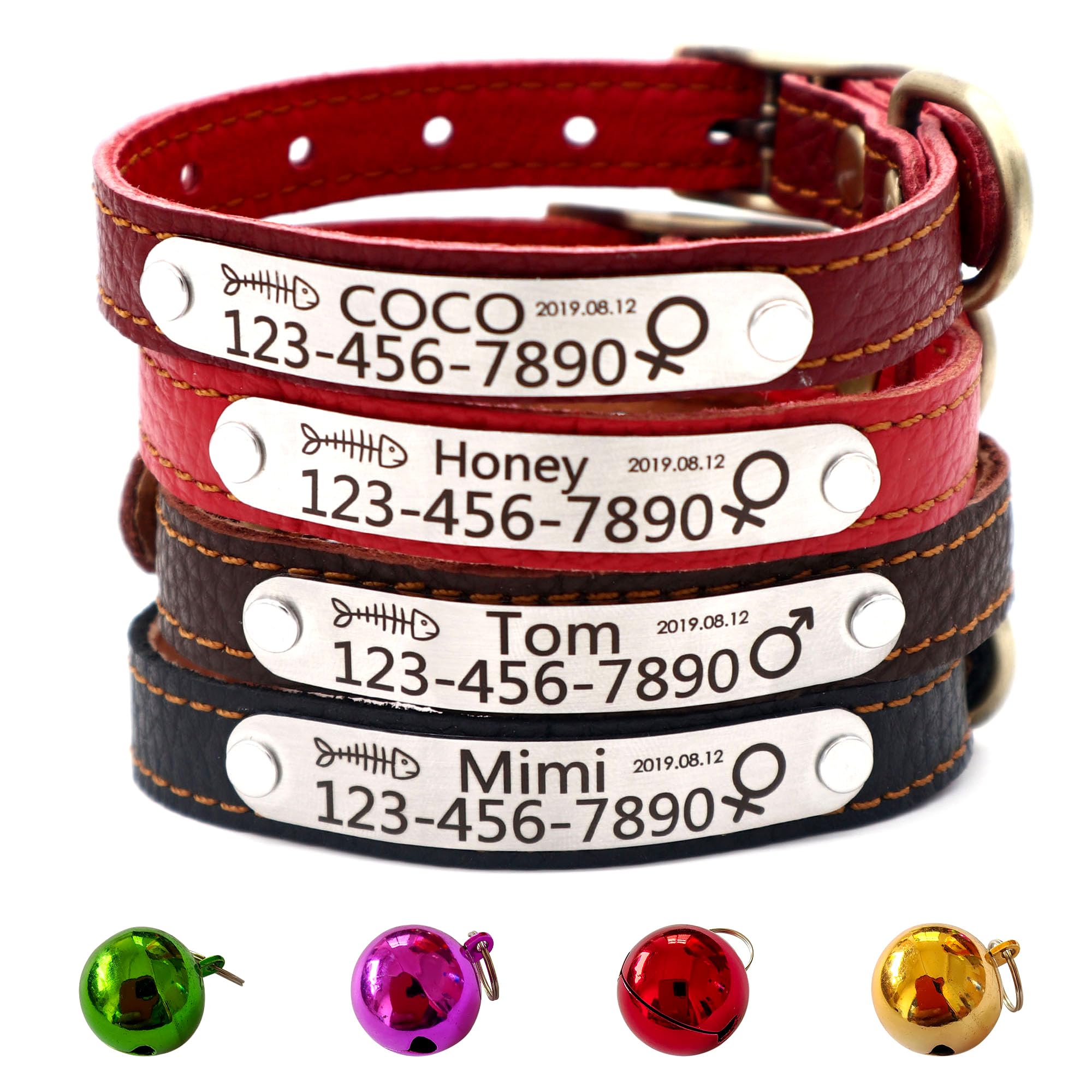 YOUYIXUN Personalized Leather Cat Collar,Custom with Name Plate and Bell for Boy and Girl Kitten/Cat(XXS,Claret)