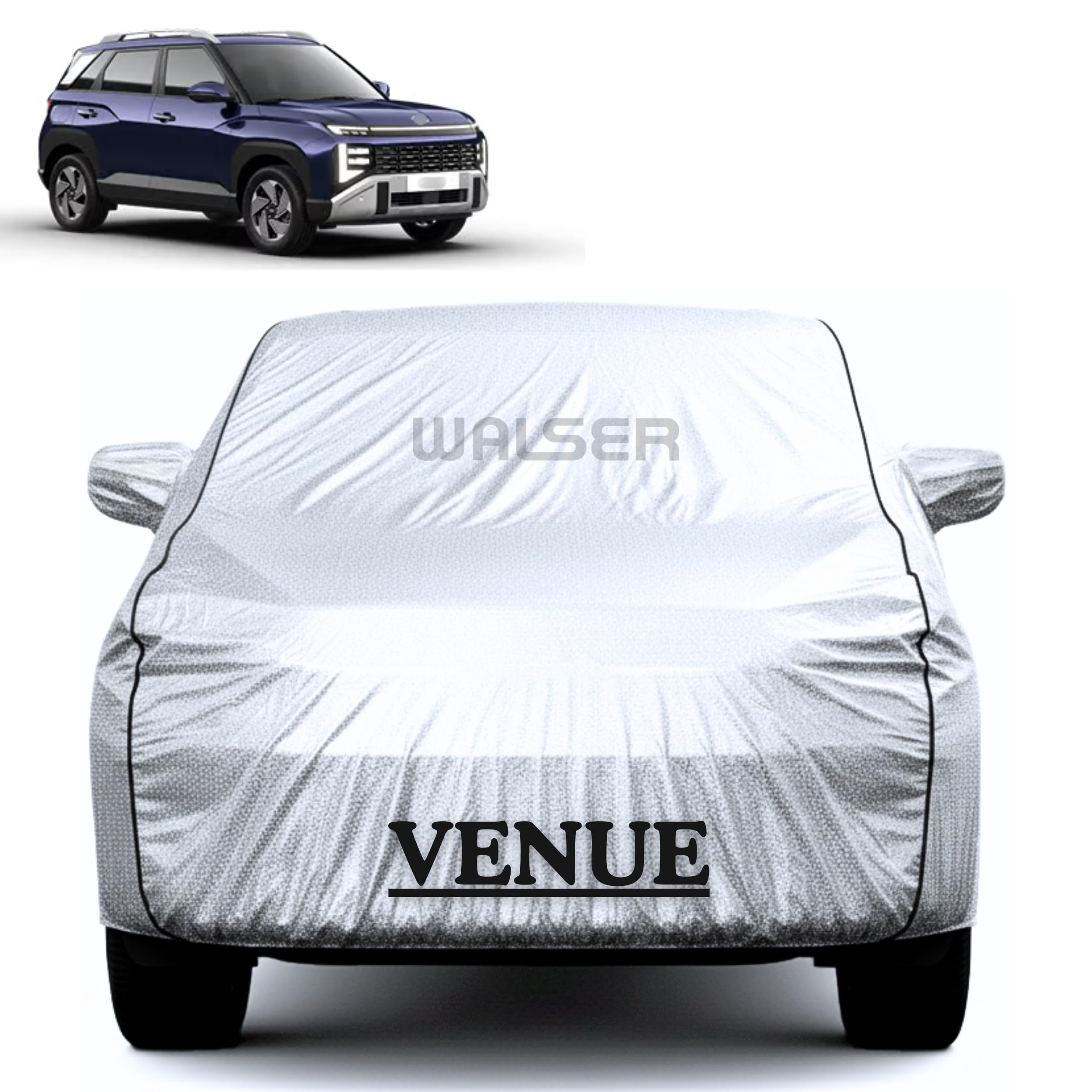 Waterproof Car Cover for Hyundai Venue | Full Body Protection | Dust Proof, UV & Scratch Resistant Inner Cotton | Triple Stitched | Elastic & Belt Fit | Mirror & Antenna Pocket | Magic Silver