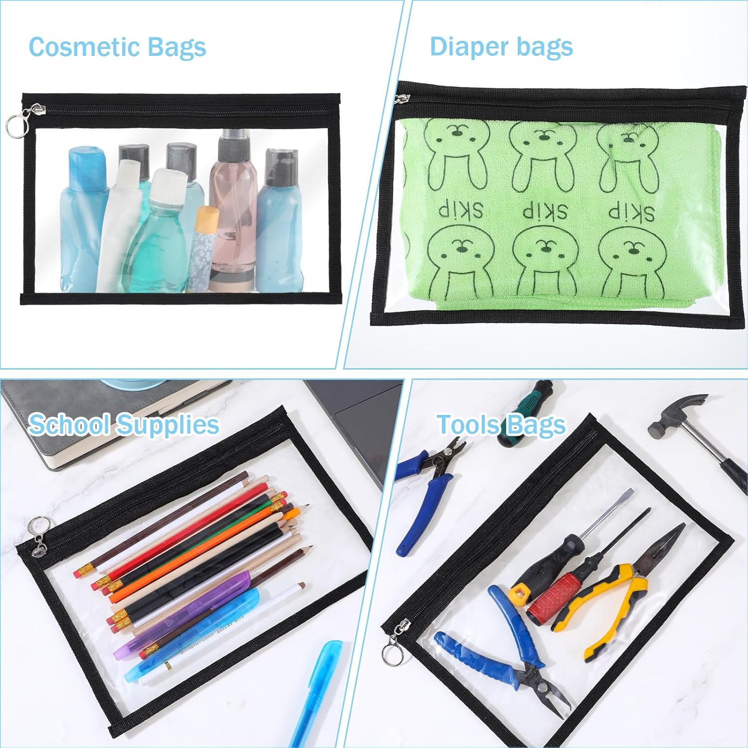 30 Pack Clear Zipper Pouches, PVC Waterproof Envelopes Folder Makeup Bags Pencil Pouch Multi Purpose Document File Organization Bag for Travel Home Office Supplies, 11.5 x 7 Inches