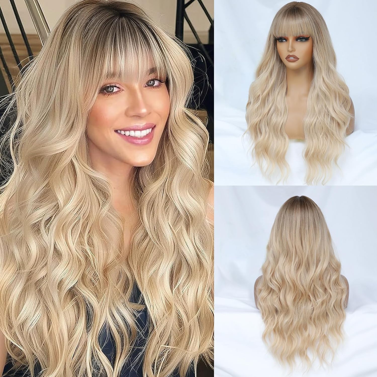 MINLEE Blonde Wig with Bangs for Women 26 Inch Long Wavy Wig Blonde Hair Wigs Heat Resistant Synthetic Wig for Daily Party Use MINLEE Blonde Wig with Bangs for Women 26 Inch Long Wavy Wig Blonde Hair Wigs Heat Resistant Synthetic Wig for Daily Party Use