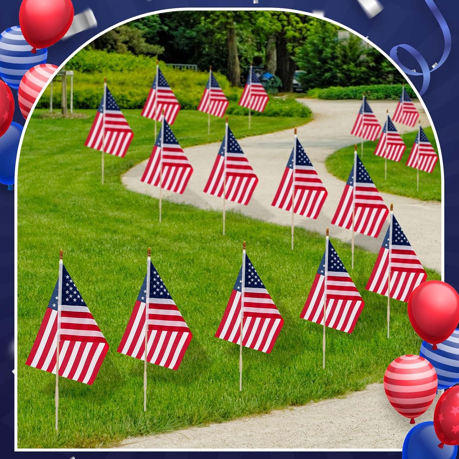 Mindsoft 50 Pack American Flags on Stick, 8 x 12 Inch, Handheld USA Flags with Spear Top, Ground Wood Flagpole Pluggable Hand Held Stick Flags for Memorial Day Parades Veteran Party Decorations