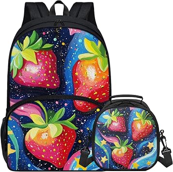 Pinupub Colorful Galaxy Strawberry Backpack And Lunch Box Set for Girls Funny Graphic 17 Inch Sturdy Student Bookbag with Insulated Lunch Bag Kids Soft Zipper School Backpacks