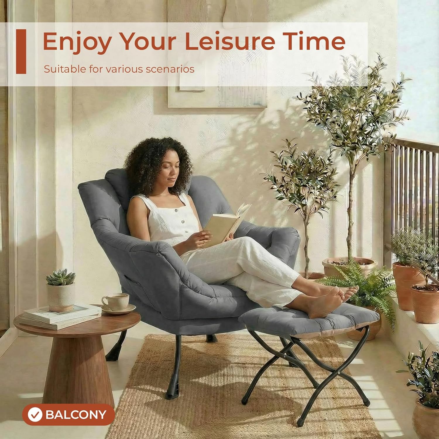 TLSUNNY Lazy Chair with Foldable Ottoman, Modern Comfy Lounge Chair, Large Sofa Armchair with Footrest and a Side Pocket, Upholstered Reading Chair with Footstool for Bedroom, Living Room (Dark Grey)