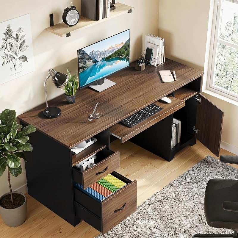 Bestier 59" Office Desk with File Drawer, Keyboard Tray & 2 Drawers, Cherry image 6
