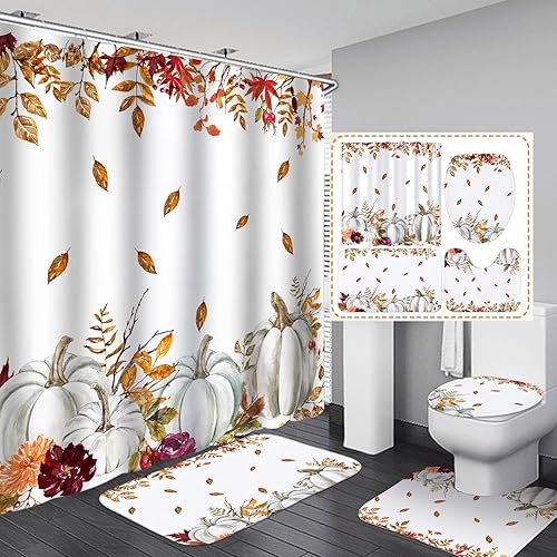 Juego de 4 cortinas de ducha de otoño de 71 x 71 pulgadas, alfombras antideslizantes para tapa de inodoro y 12 ganchos, cortina de ducha de otoño