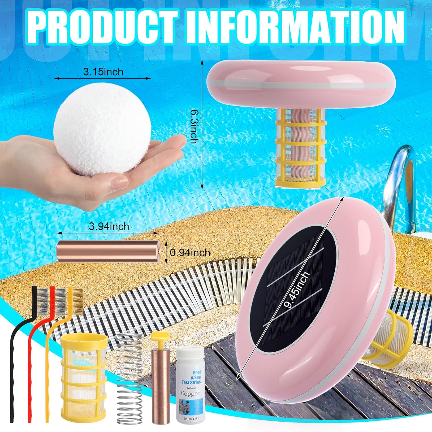 Solar Pool Ionizer Cleaner Automatic Floating Water Purifier Upgraded Copper Pool Ionizer with 4 Pcs Scum Eliminating Ball, Chlorine-Free,Up to 35, 000 Gallons, for Pools, Spas(Pink)