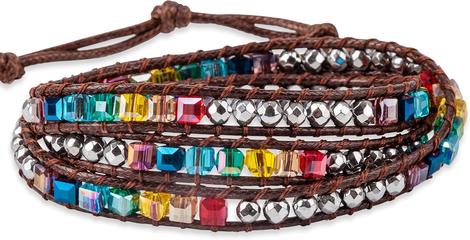 SPUNKYsoul Chakra Awareness Balancing Leather 3 Wrap Crystal Bracelet with Hematite for Women