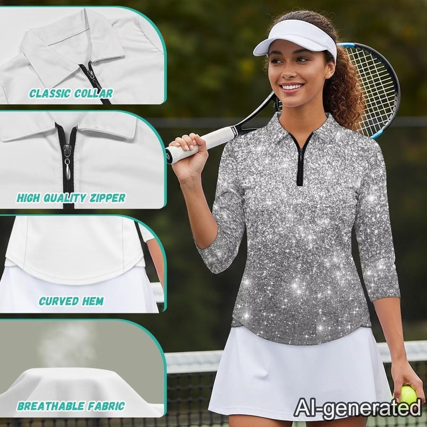 Biyejit Womens Golf Shirt 3/4 Sleeve Quarter Zip Workout Tennis Tops Quick Dry Collared V Neck Polo Shirts Moisture Wicking