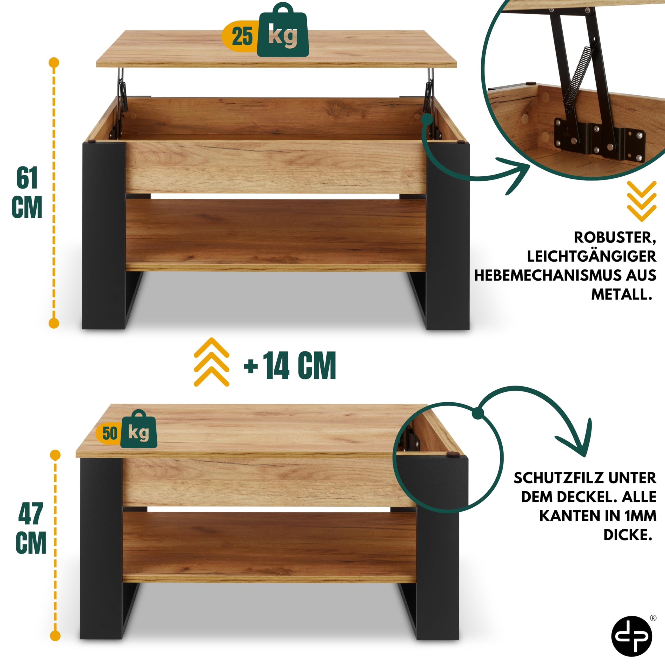 defiPad Couchtisch Höhenverstellbar mit Stauraum, Wohnzimmertisch Eiche-Schwarz mit hochziehbarer Tischplatte, verstecktem Fach und Ablage, 92 x 51 cm