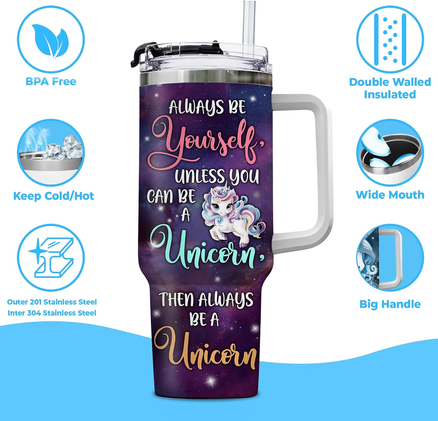 Hyturtle Personalized Unicorn 40oz Tumbler with Handle & Straw Gifts for Girl Women, Inspirational Mothers Day Birthday Gifts, Unicorn Lover Gift, Magical Purple Custom Name Stainless Steel Travel Cup