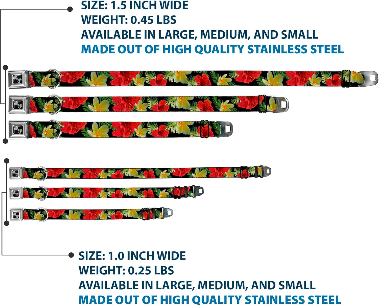 Dog Collar Seatbelt Buckle Tropical Floral Collage Black Red Orange 11 to 17 Inches 1.0 Inch Wide