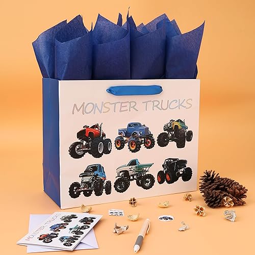 Miniatura 5 de Juego de bolsas de regalo grandes con temática de camión de 13 pulgadas con tarjeta de felicitación y papel de seda (diseño de camiones monstruo)
