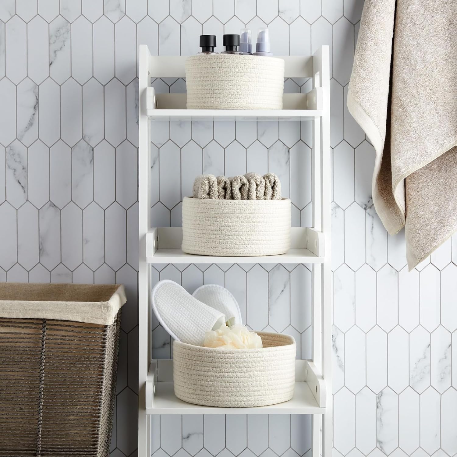 Set of 3 White Cotton Rope Storage Baskets