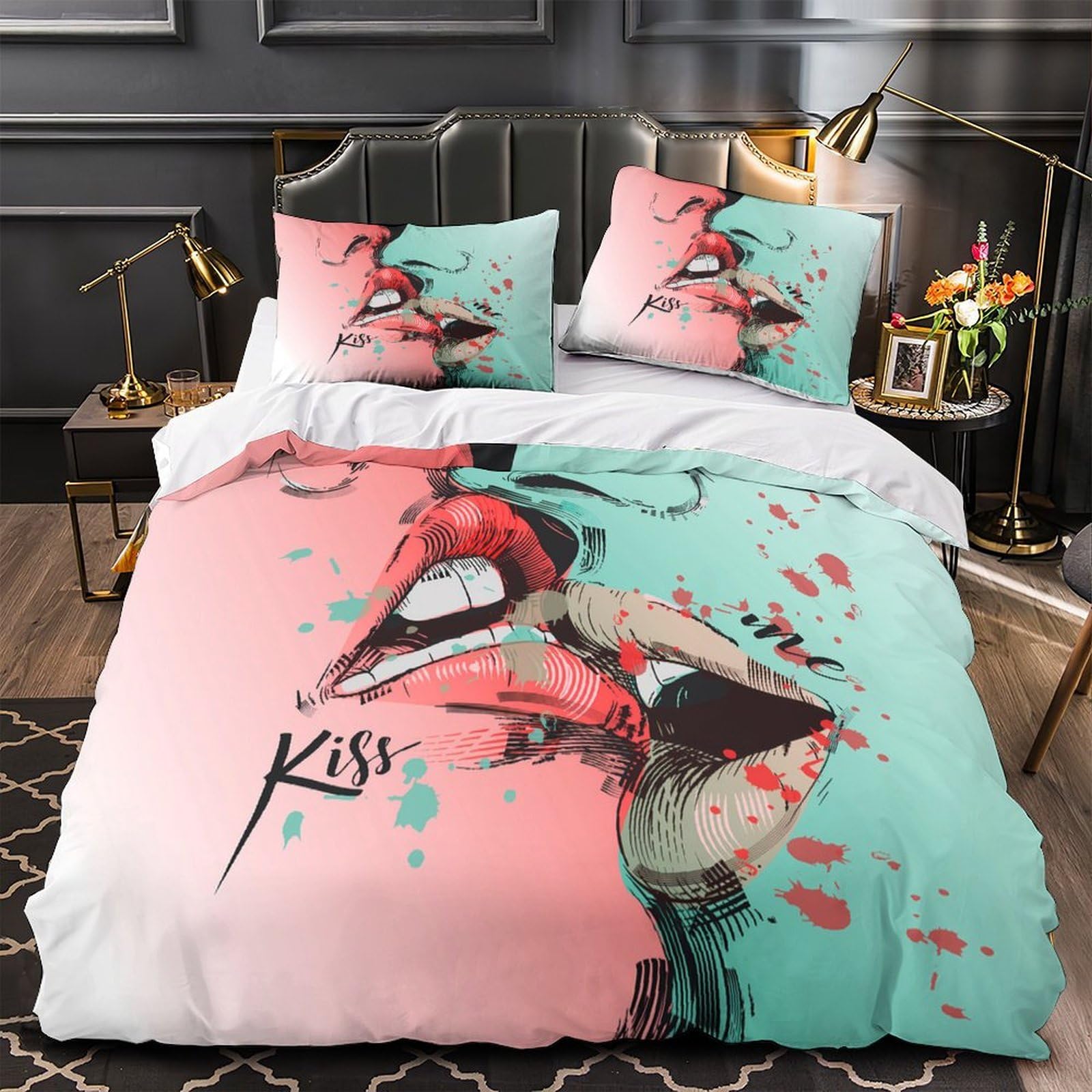 Housse de couette baiser romantique 3D microfibre parure de lit 140x200cm pour chambre ado