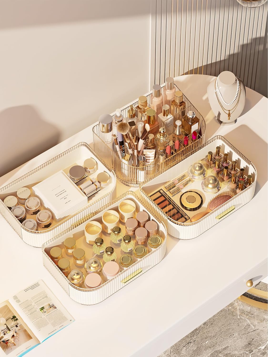 Makeup Organizer with Stackable Drawer, 360 Rotating Makeup Brush Holder, 11-inch Wide Large Cosmetic Display Case, Skincare Organizers and Storage for Vanity, Bathroom Countertop (1 Tray + 2 Drawer) - Image 8