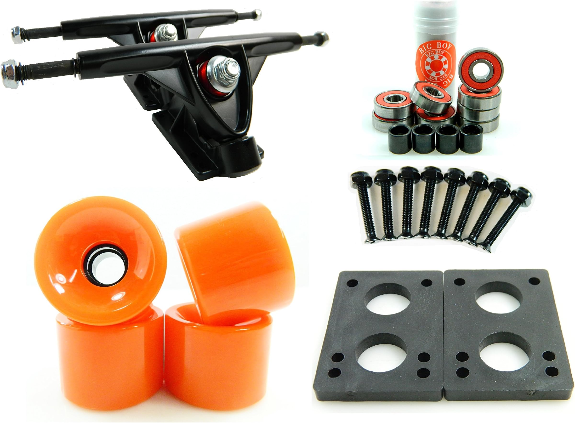 2 Sets 180mm Black Longboard Trucks + 70mm Orange Wheels