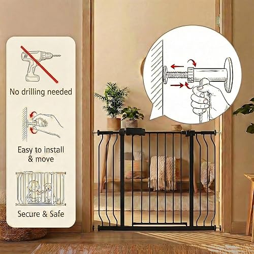 Miniatura 5 de Puerta de seguridad resistente para bebés y perros de 86 a 104.7 pulgadas, metal negro, montada a presión, sin perforación, puerta para mascotas