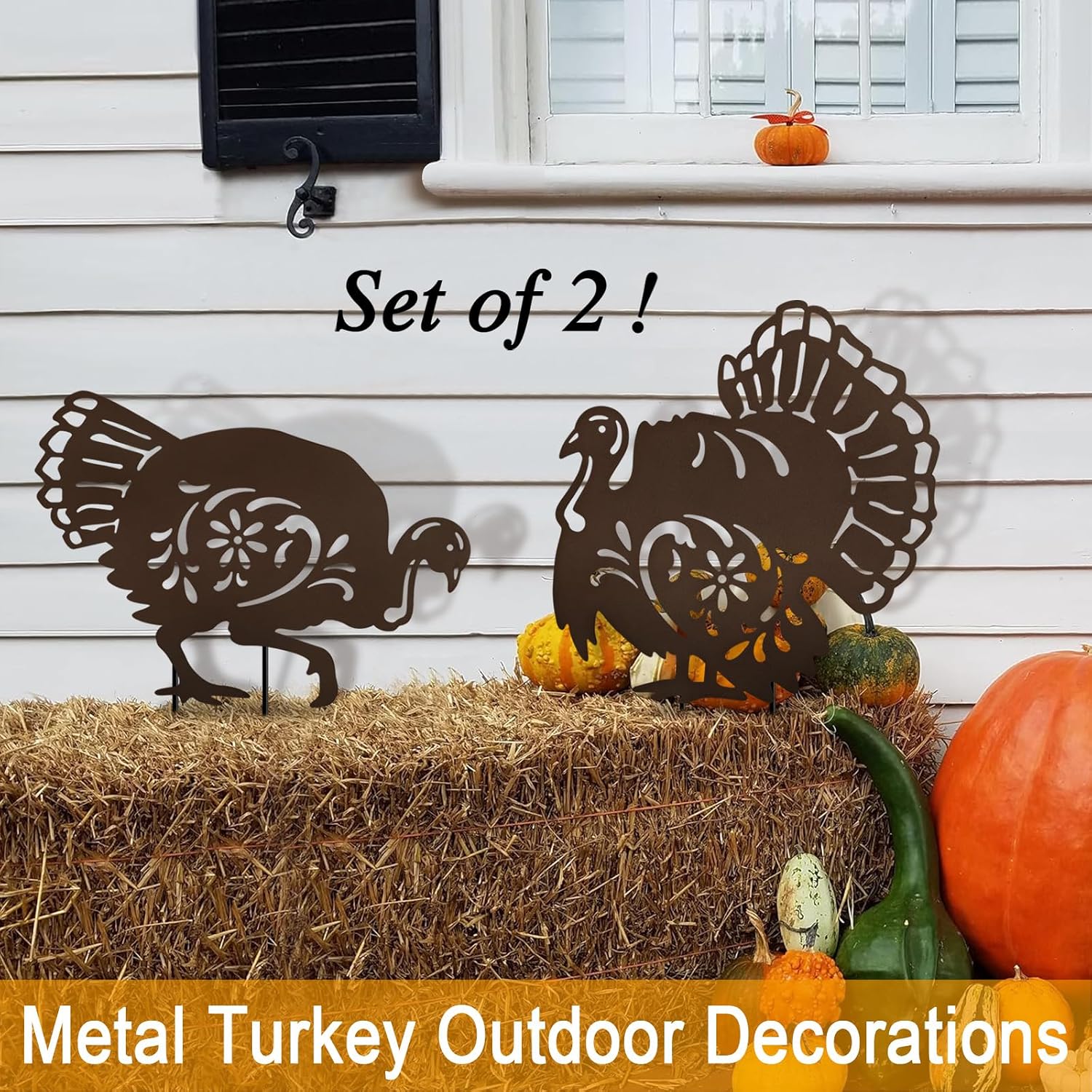 Set of 2 Metal Turkey Outdoor Decorations, Thanksgiving Decor Garden Stake,Fall Yard Porch Sign for Outside
