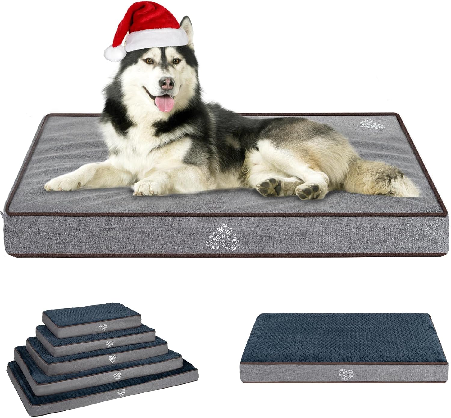 VANKEAN Dog Bed Soft Crate Pad Mat Reversible Cool & Warm, Washable Comfy Kennel Pad with Orthopedic Egg-Crate Foam for Small Medium Large Dogs, Water-Resistant Pet Bed, Gray/Dark Blue