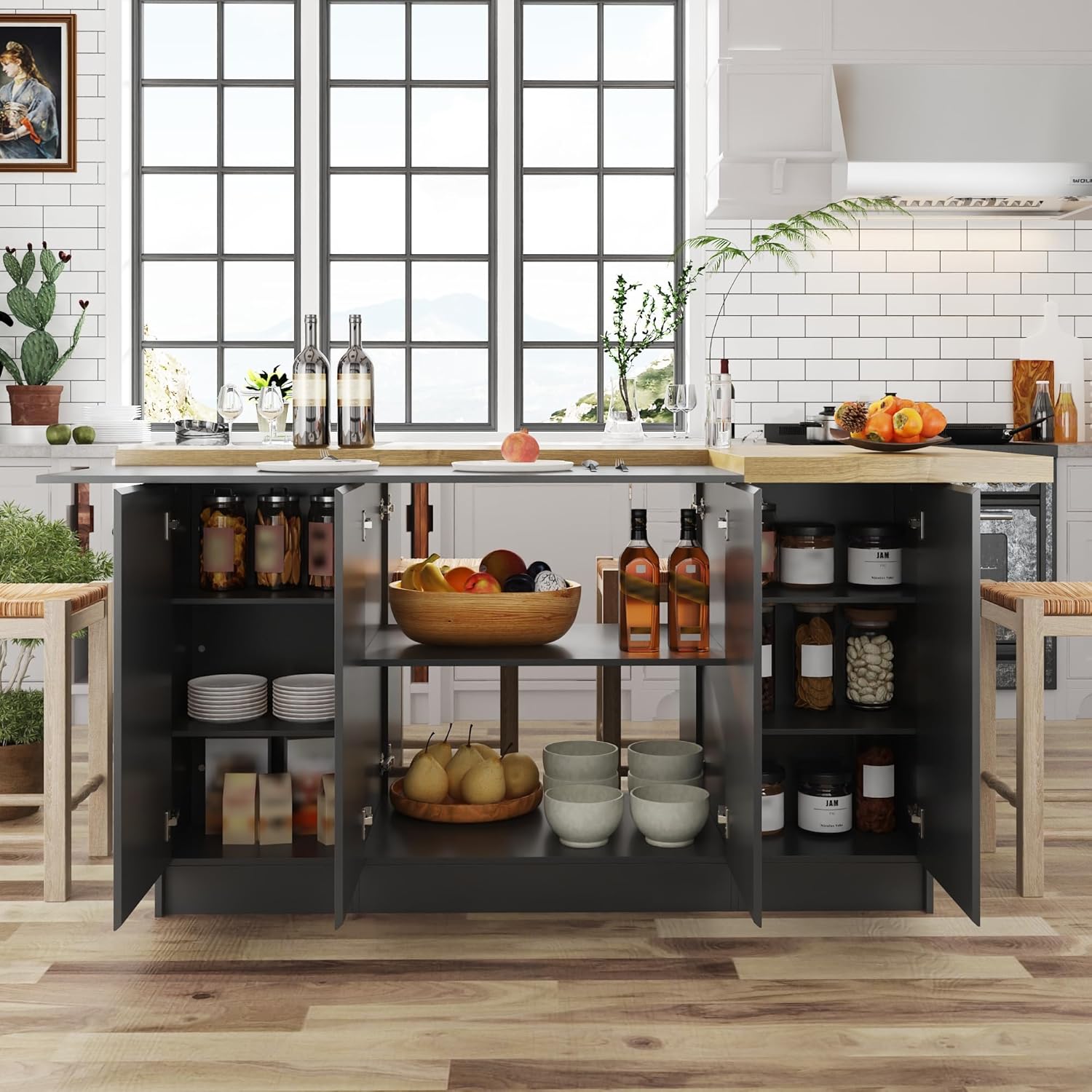 AIEGLE Kitchen Island, 8-Door Stationary Kitchen Islands with Adjustable Shelf & 2-Inch Thickened Wood Grain Countertop, 77.3" Wide Island Table with Seating Space, Black & Oak