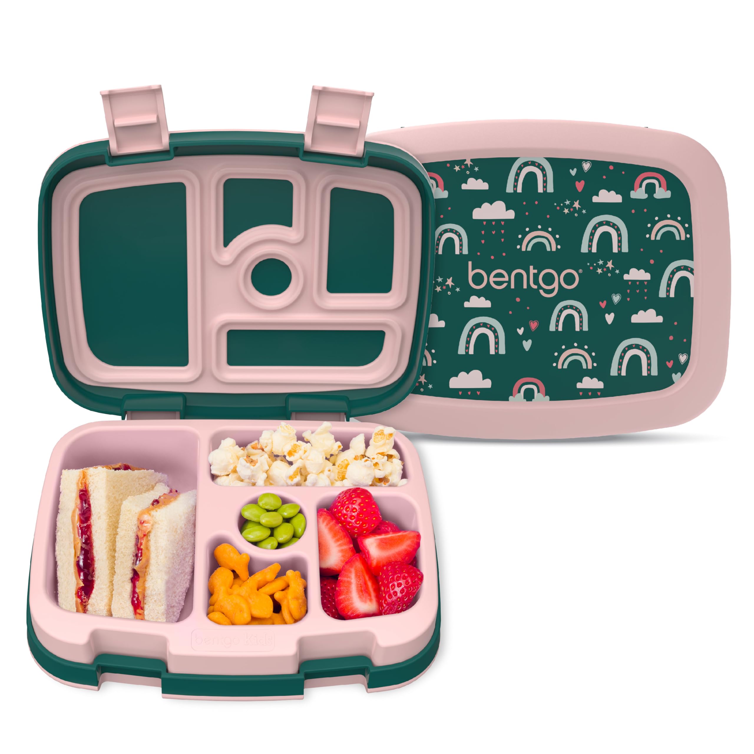 Bentgo Kids Prints Leak-Proof, 5-Compartment Bento-Style Kids Lunch Box - Ideal Portion Sizes for Ages 3-7, Durable, Drop-Proof, Dishwasher Safe, & PFAS & BPA-Free Materials (Green Rainbow)