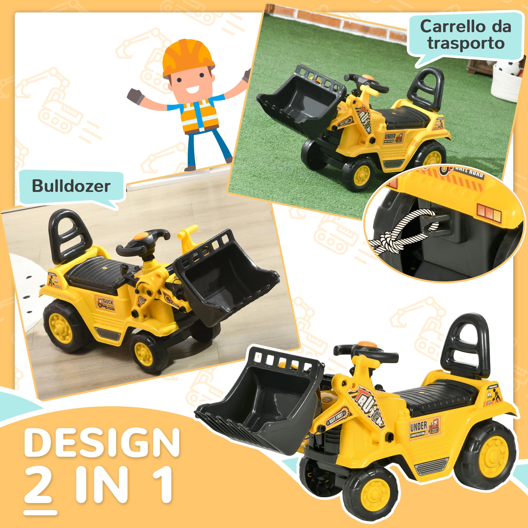 HOMCOM Escavatore per Bambini con Benna, Schienale e Spazio Contenitore a Scomparsa, Ruspa Giocattolo in PP e ABS, 80x26.5x39 cm, Giallo e Nero