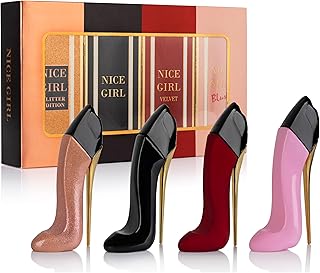 Nice Girl 4 PC Mini Perfume Gift Set for Women, Sweet Vanilla Floral Fragrance, Tuberose, Rose, Amber, Cacao, Powdery Almond, Travel Size 30ml Eau De Parfum, Classic, Velvet, Glitter, & Blush