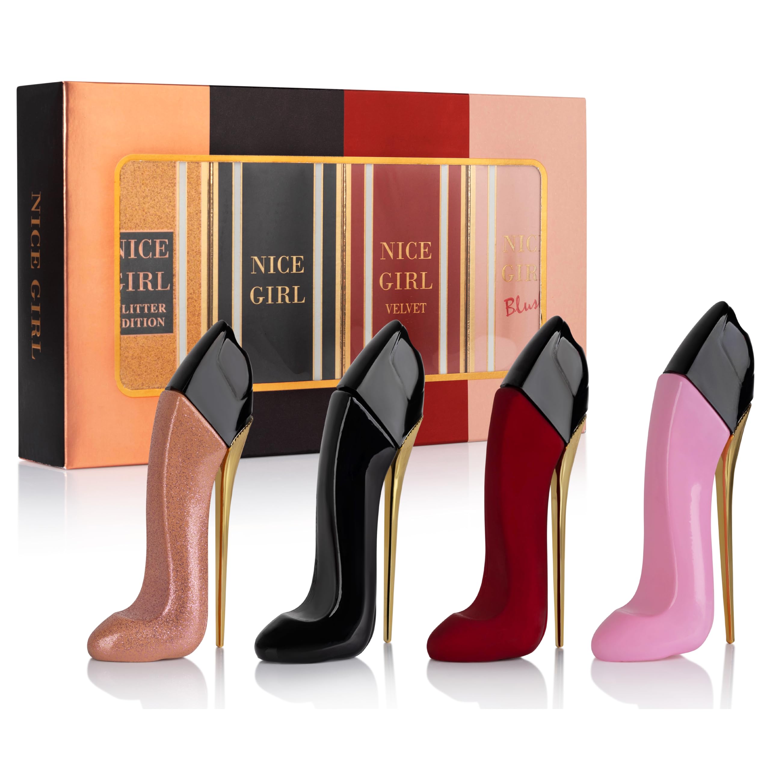 Nice Girl 4 PC Mini Perfume Gift Set for Women Sweet Vanilla Floral Fragrance Tuberose Rose Amber Cacao